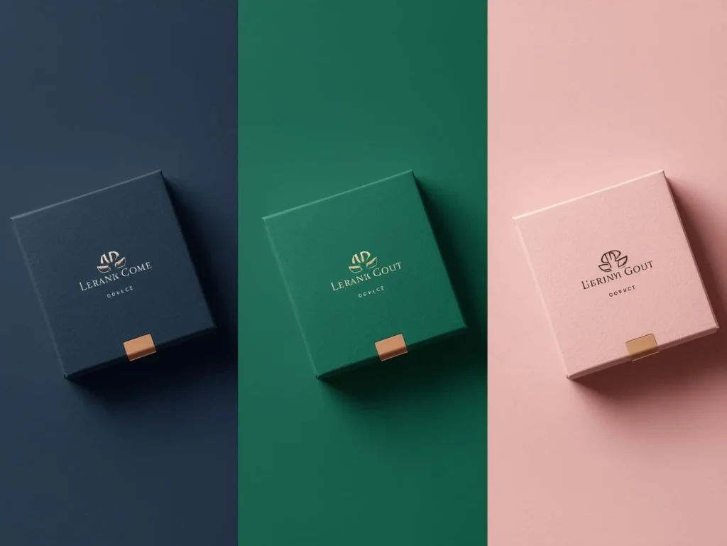 Three magnetic closure boxes in navy blue, emerald green, and blush pink with silver and gold foil logos, demonstrating how packaging color influences brand perception of trust, luxury, and elegance.