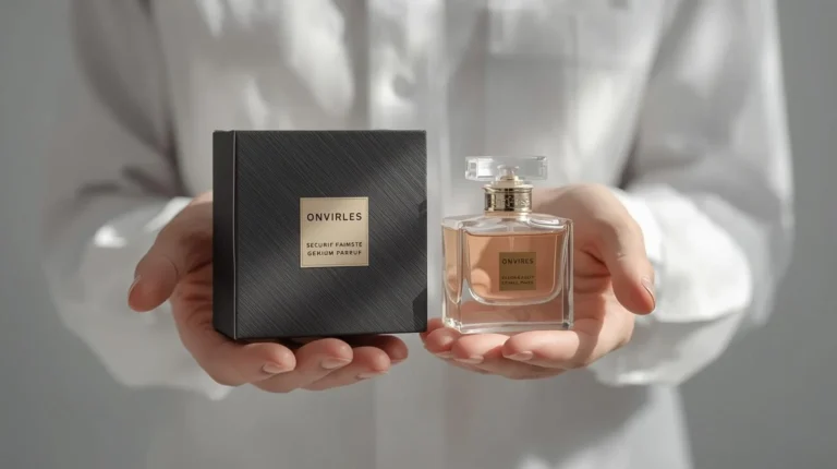 Hands holding a securely closed magnetic closure rigid box next to a fragile glass perfume bottle, conveying premium product protection and a luxury unboxing experience.