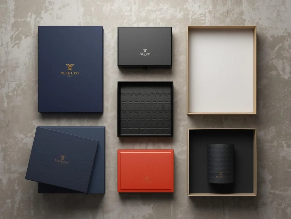 A complete comparison guide of premium rigid box styles including magnetic closure boxes, sleeve and tray setups, and two-piece boxes, displayed on a textured concrete background.