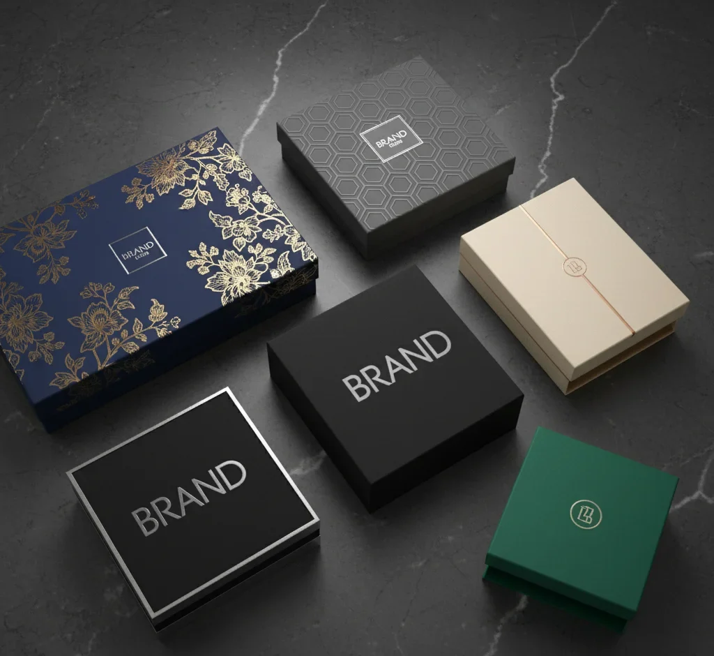 Assortment of custom rigid luxury packaging solutions, including magnetic closure boxes, a shoulder box, and various premium finishes like foil stamping and embossing.
