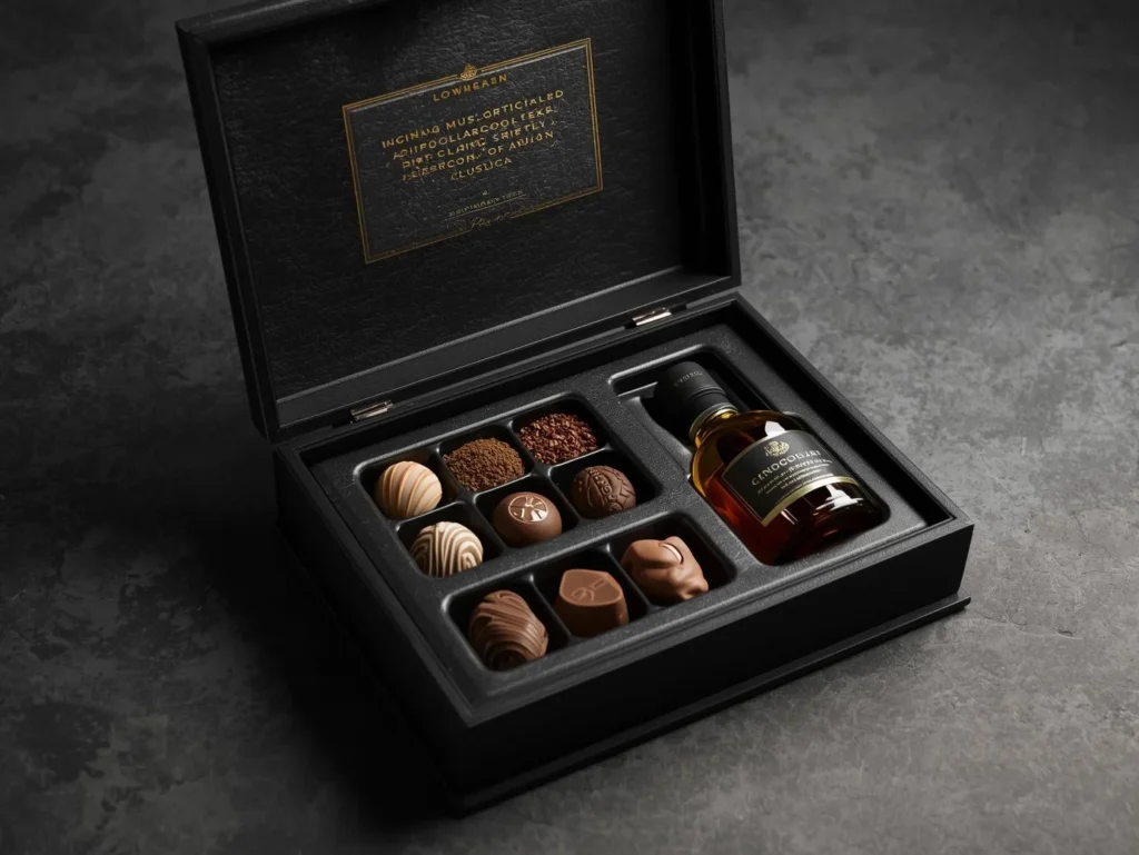 Open magnetic closure box containing premium gourmet chocolates nestled in a custom-fit insert, illustrating the use of rigid packaging for luxury food and beverage products.