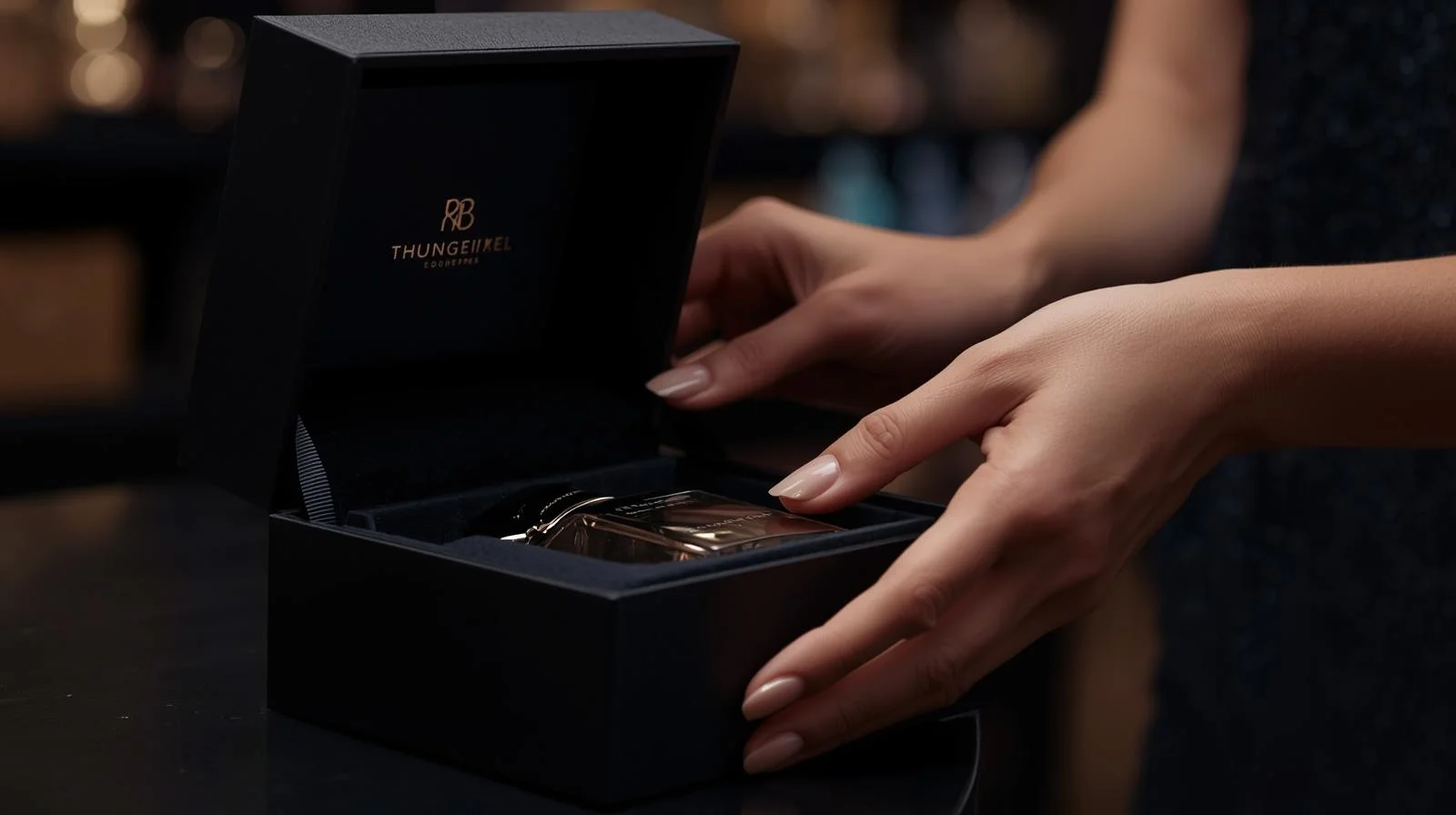 Elegant hands opening a matte black magnetic closure box to reveal a product set in a luxurious custom velvet insert, capturing the moment of the premium unboxing ritual.
