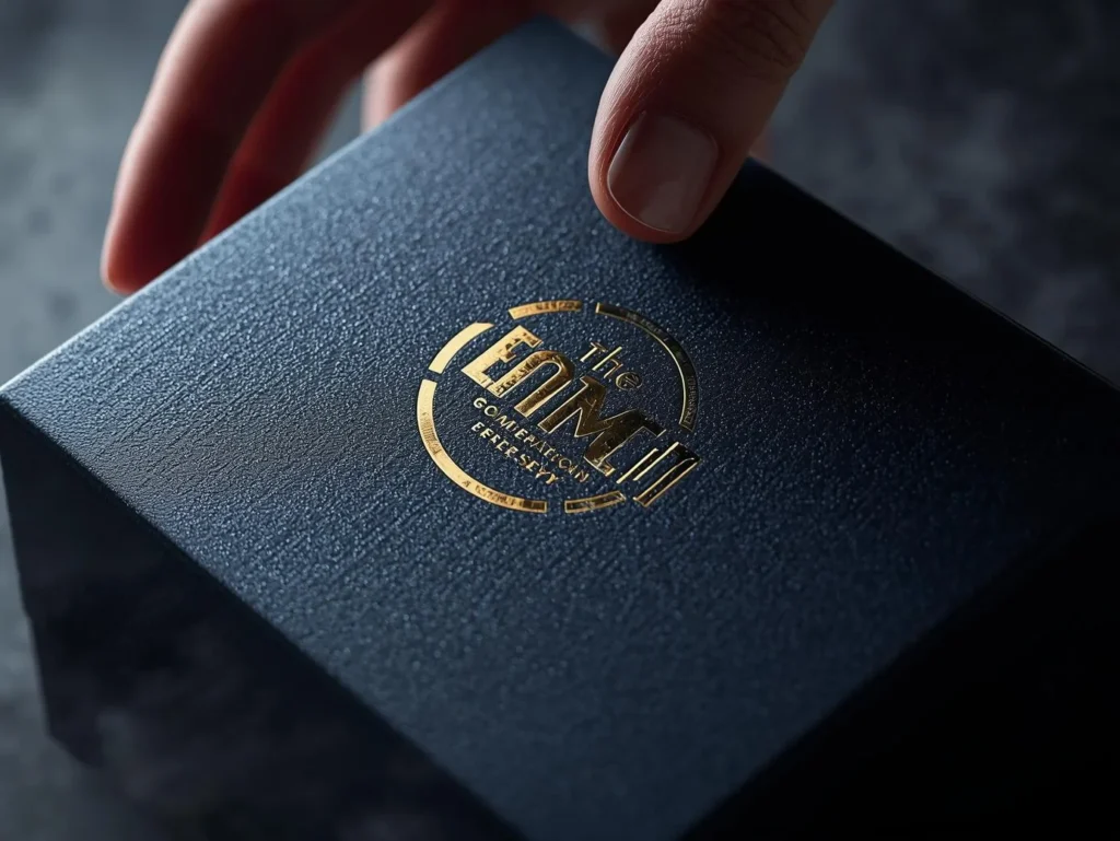 Stylized close-up of a metallic gold foil-stamped logo reflecting light on a deep blue magnetic closure box, showcasing a high-end packaging finish.