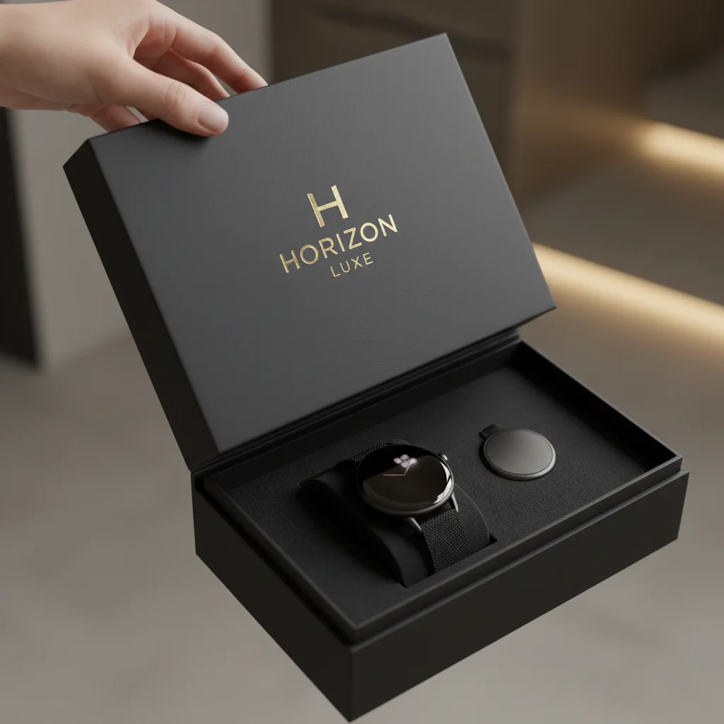 Bespoke hinged lid rigid boxes with a ribbon closure, representing Manhattan luxury packaging design.