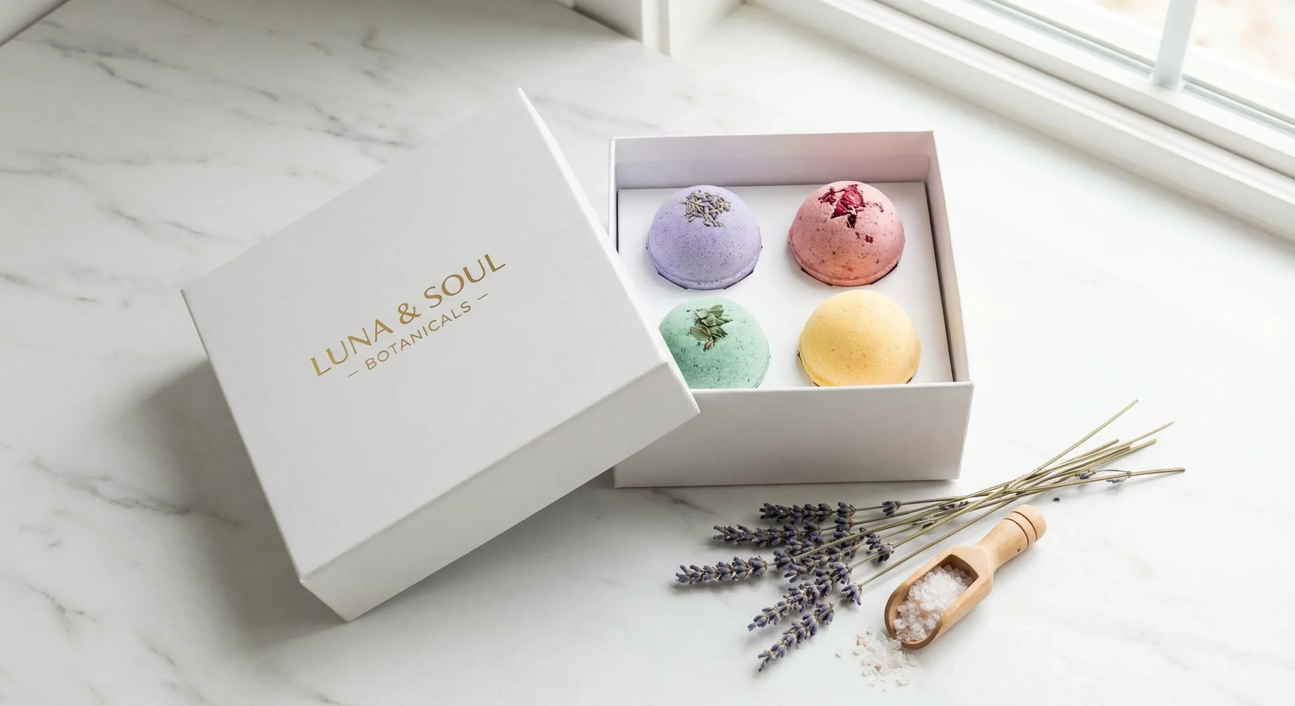 Custom packaging box inserts designed to hold bath bombs securely during shipping.