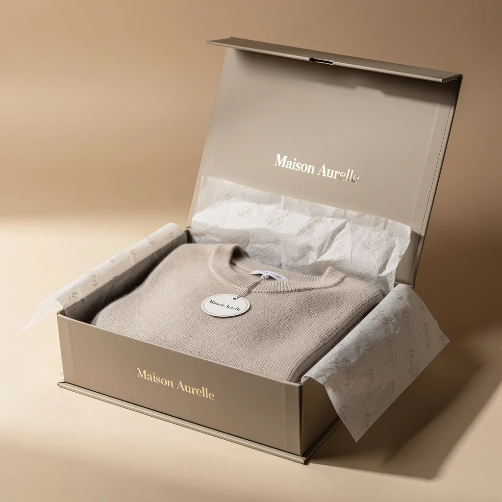 Open custom printed gift boxes revealing luxury apparel inside for a premium unboxing experience with logo branding.
