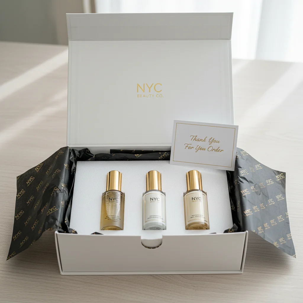 A sturdy, white E-commerce rigid box open with custom inserts protecting cosmetics, featuring foldable magnetic boxes design.