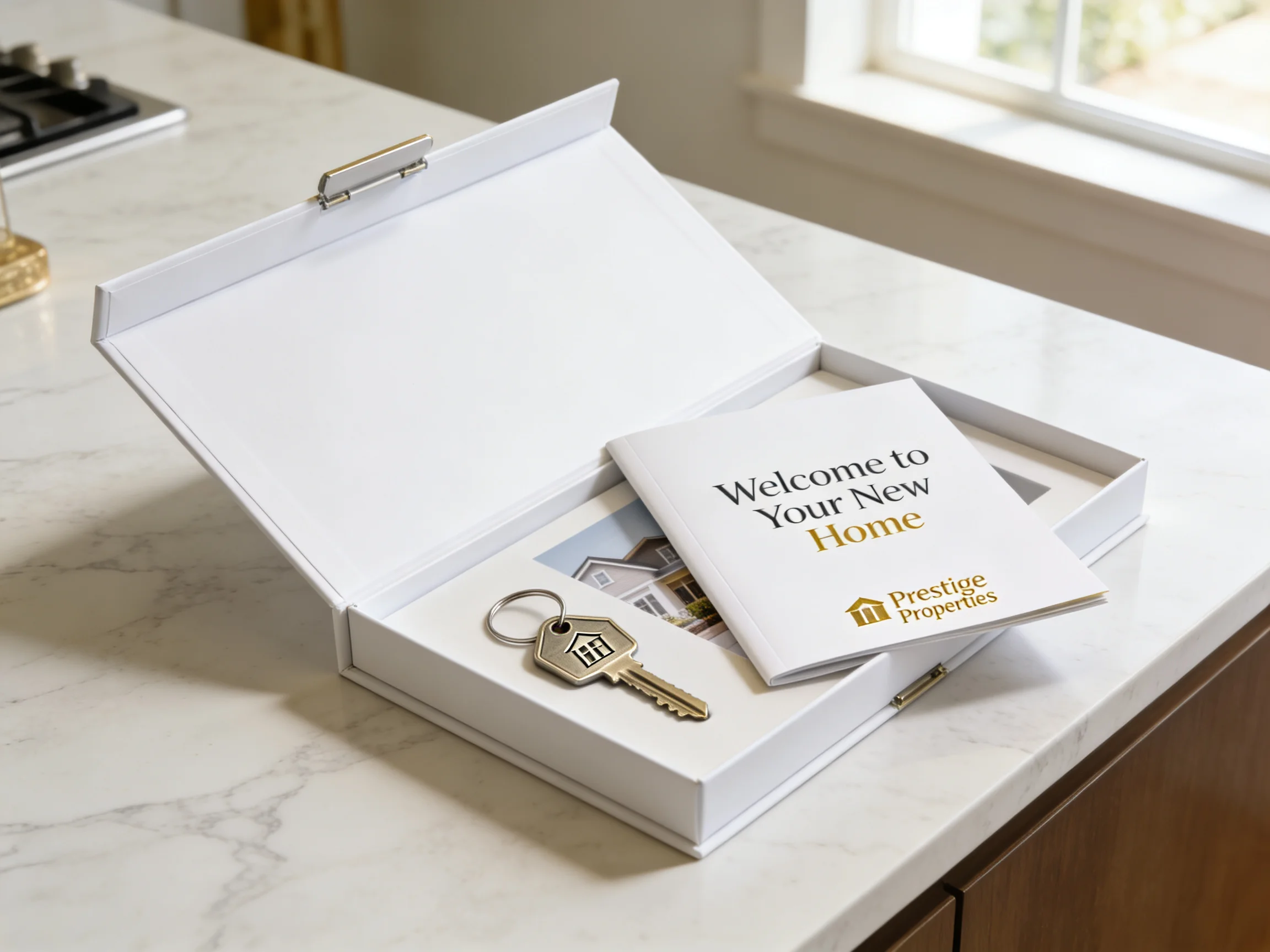 Black luxury corporate gift packaging sitting on an executive mahogany desk in a Wall Street office.