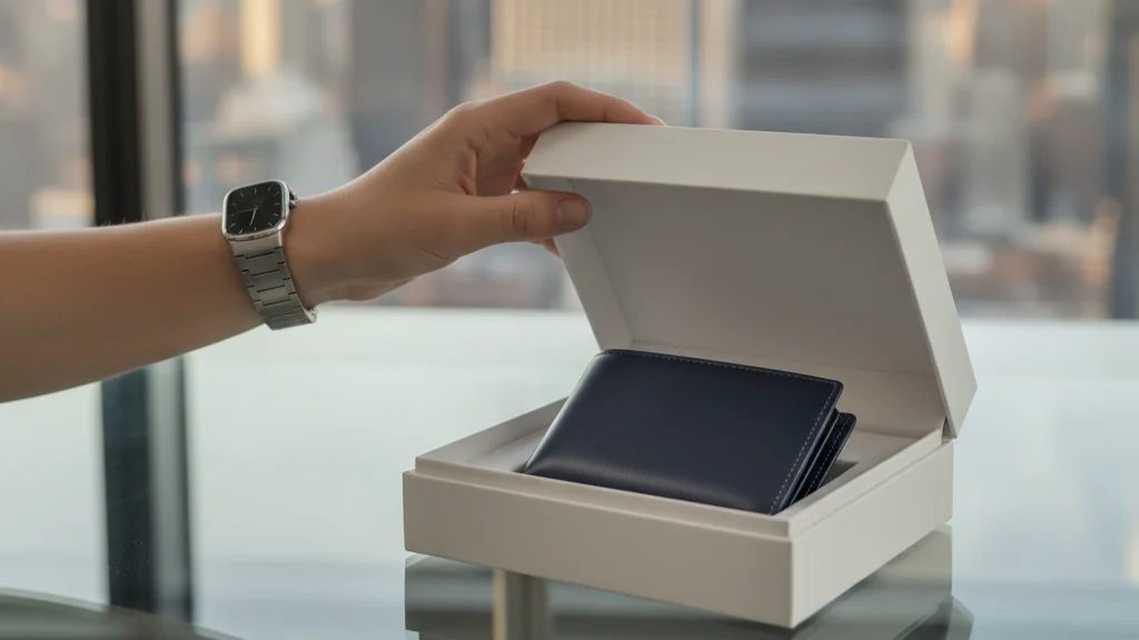 A close-up shot of a black magnetic closure rigid box snapping shut, symbolizing the luxury 'click' factor in NYC packaging.