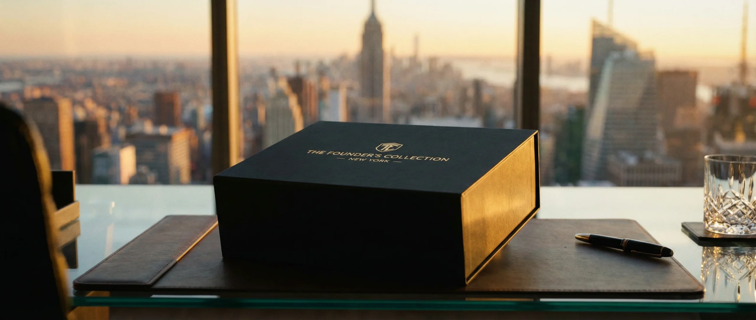Luxury custom magnetic presentation boxes displayed against a blurred New York Financial District skyline.