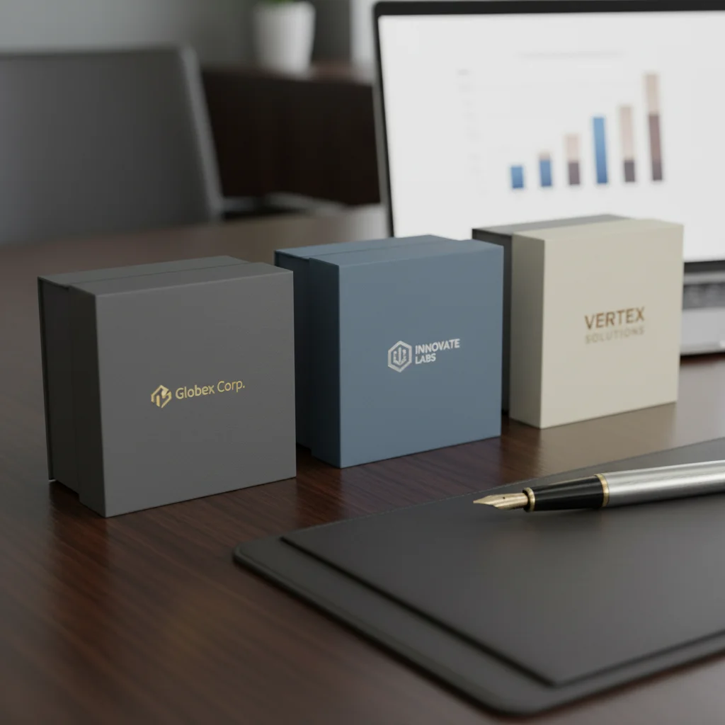 An open, custom presentation box revealing luxury items, set against a blurred Manhattan skyline background, showcasing New York bespoke packaging.