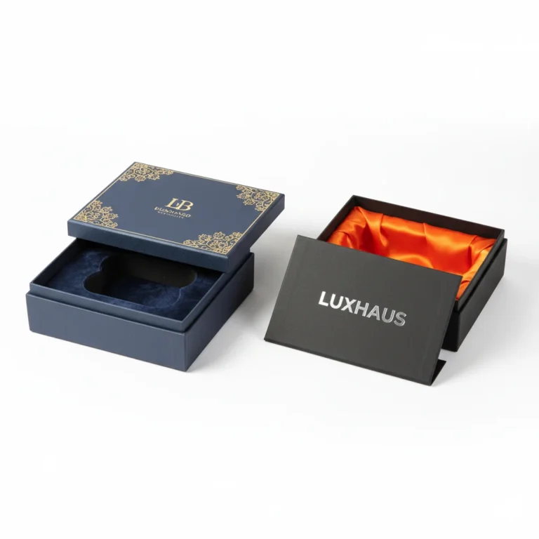 Hand pulling open a sleek black magnetic closure box for a premium unboxing experience.