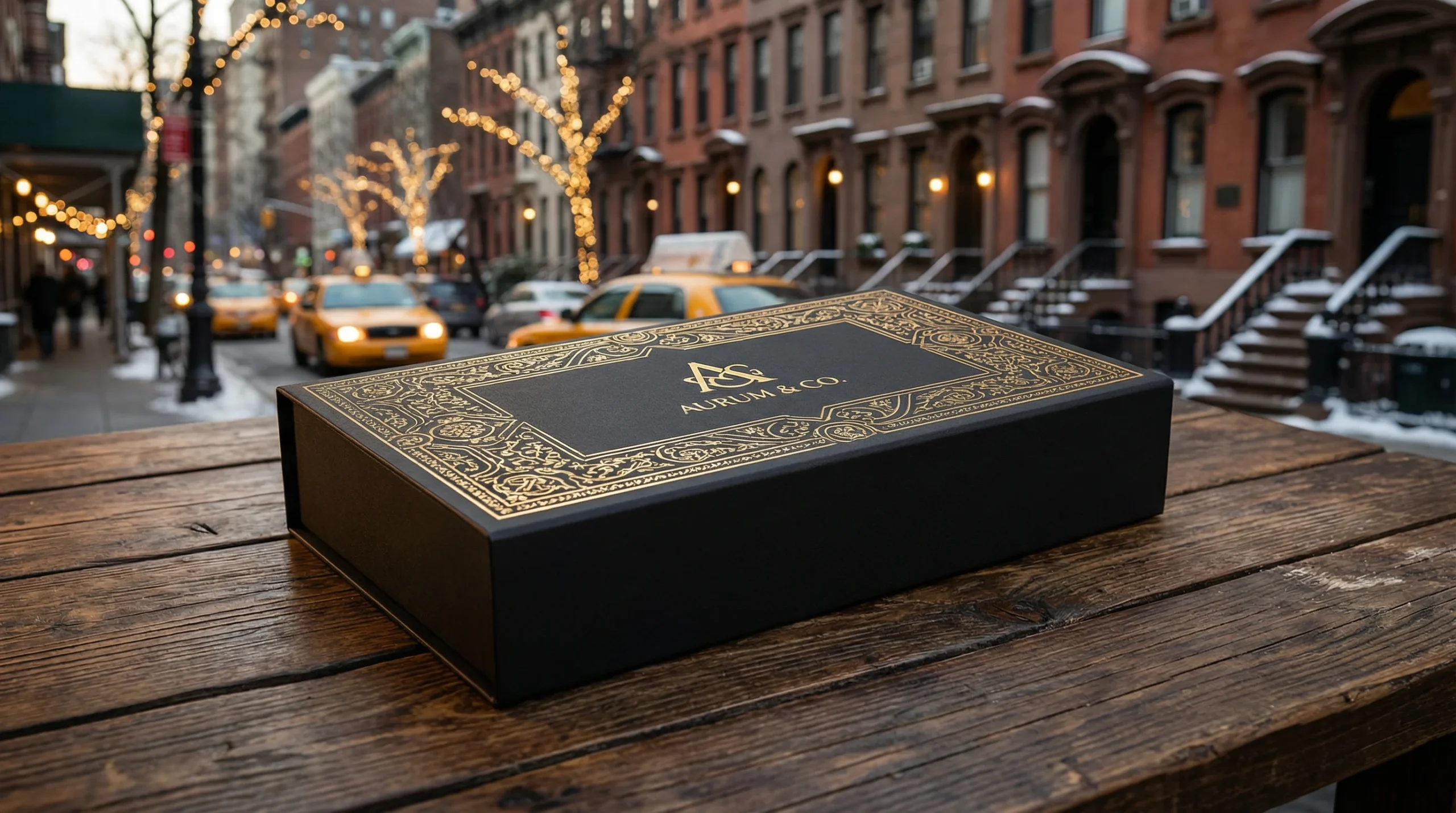 Luxury black rigid gift boxes NYC pop-up display with magnetic closure in a snowy Manhattan holiday market.