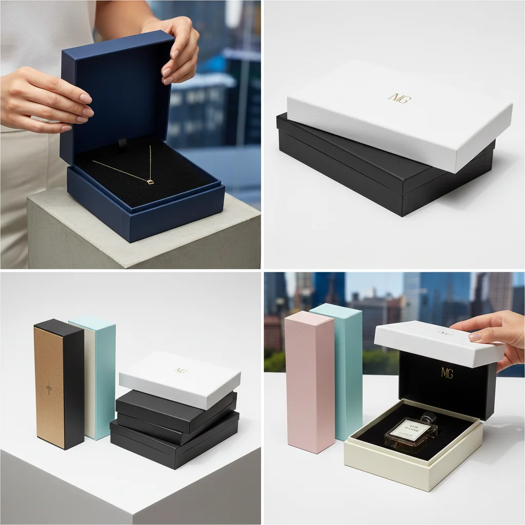 Slim hinged lid rigid box and magnetic closure box compared side-by-side on a white table.