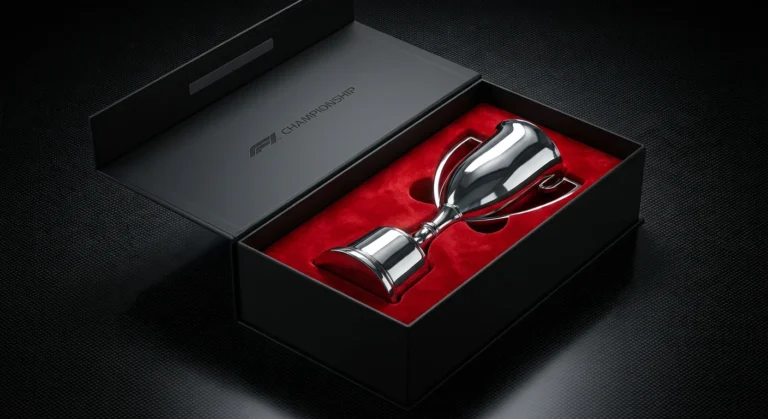 A premium black rigid trophy boxes style with a red velvet molded insert holding a silver Formula One racing cup.
