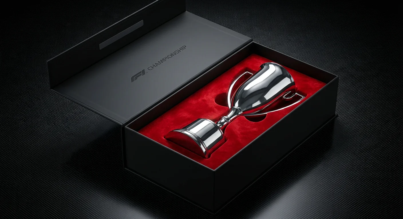 A premium black rigid trophy boxes style with a red velvet molded insert holding a silver Formula One racing cup.