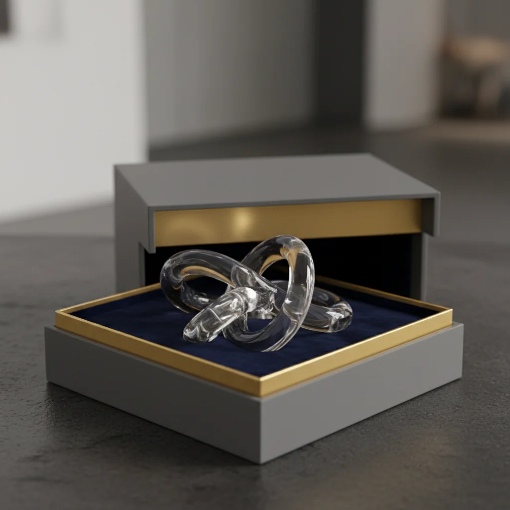 A grey shoulder-style rigid trophy boxes design with a blue velvet insert holding a glass art sculpture.