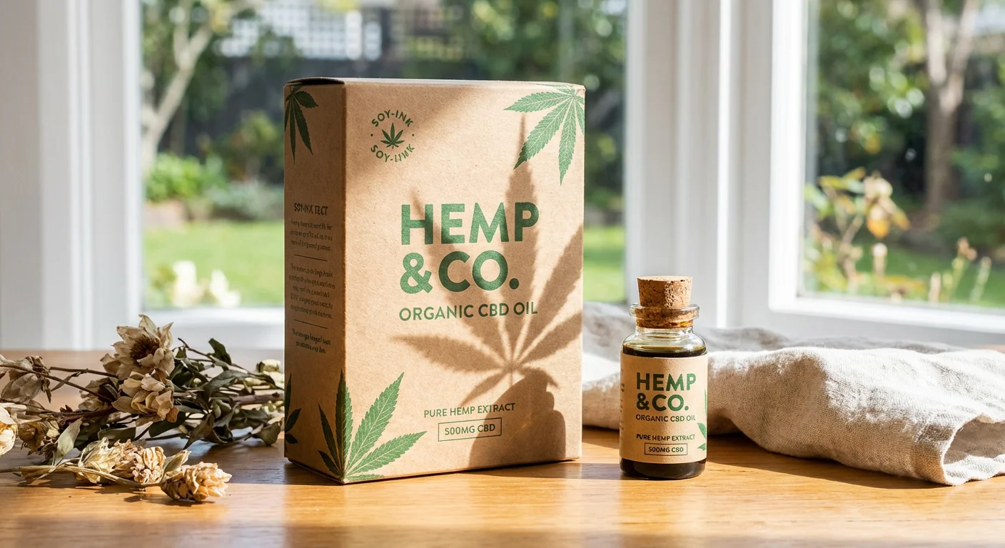 Sustainable rigid hemp oil packaging made from recycled materials with minimalist eco-friendly printing.