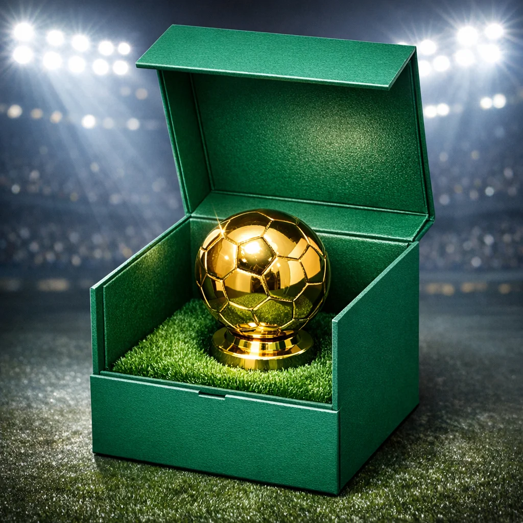 An open green magnetic rigid trophy boxes sample with a grass-textured insert holding a golden soccer ball.