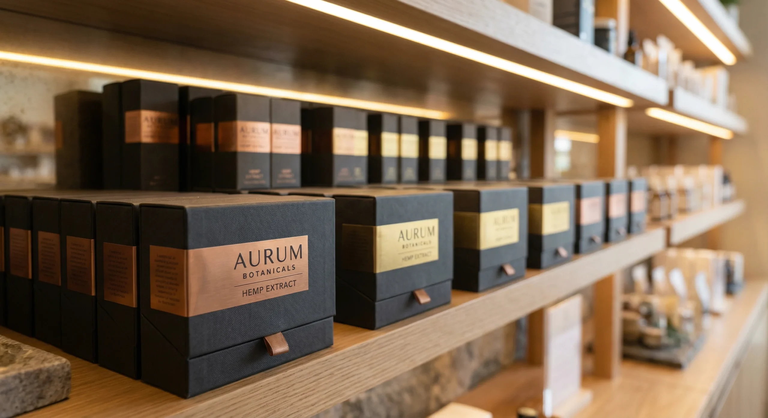 Premium black rigid hemp oil box with magnetic closure and gold foil logo designed for New York luxury brands.