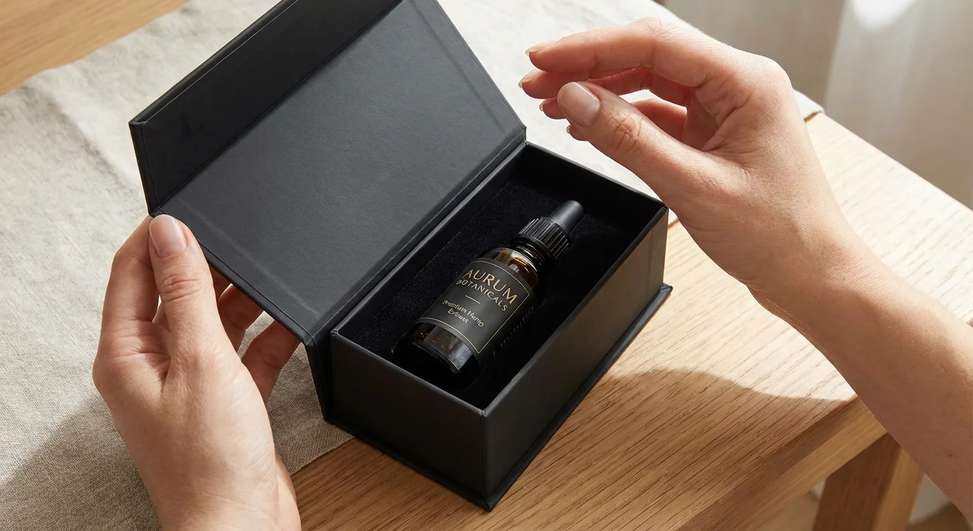A stack of branded rigid hemp oil boxes displayed on a retail shelf in a wellness dispensary.