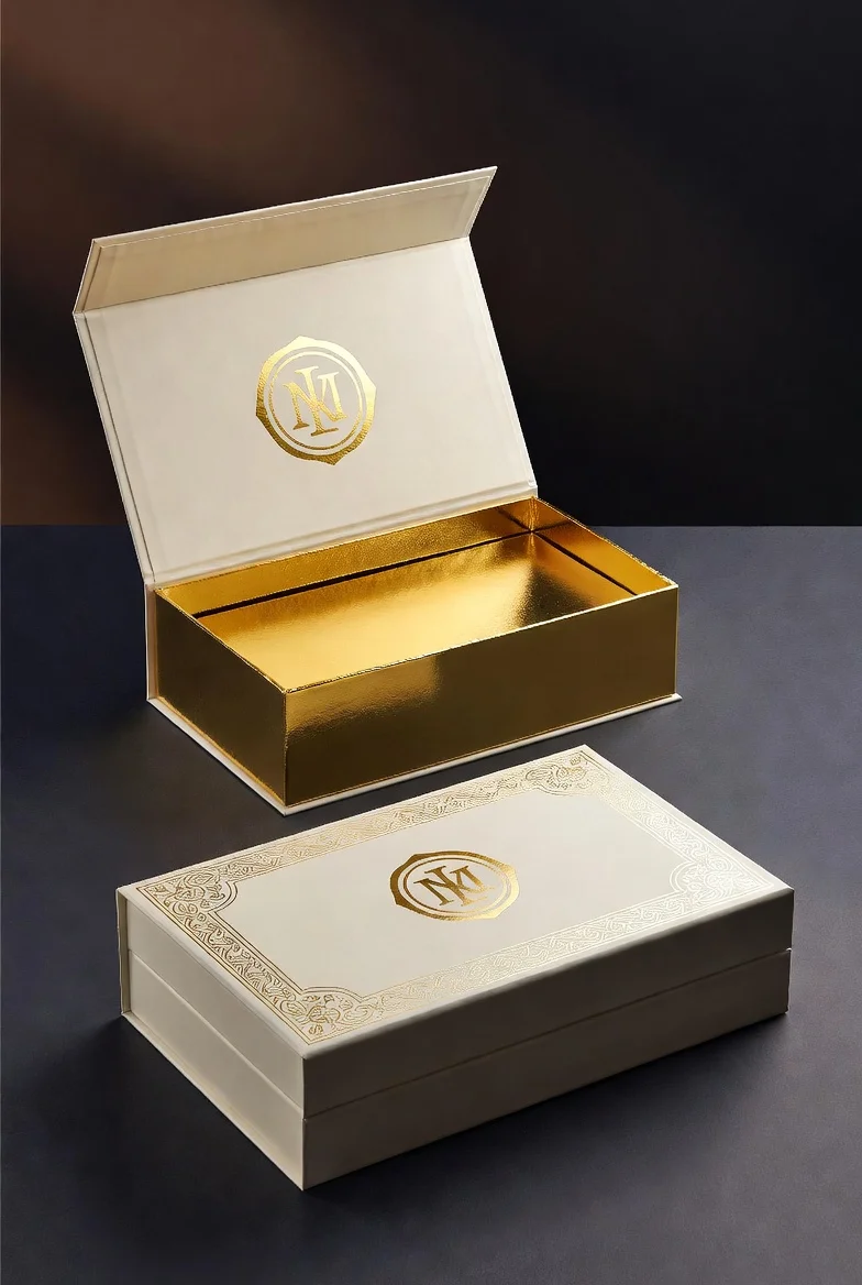 Luxury magnetic boxes with gold foil logo and embossed details – high-quality rigid boxes for premium branding
