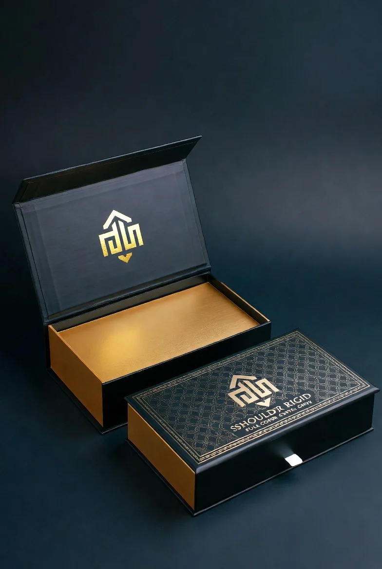 Shoulder rigid magnetic closure boxes in black with gold embossing and luxury inner lining for custom luxury packaging