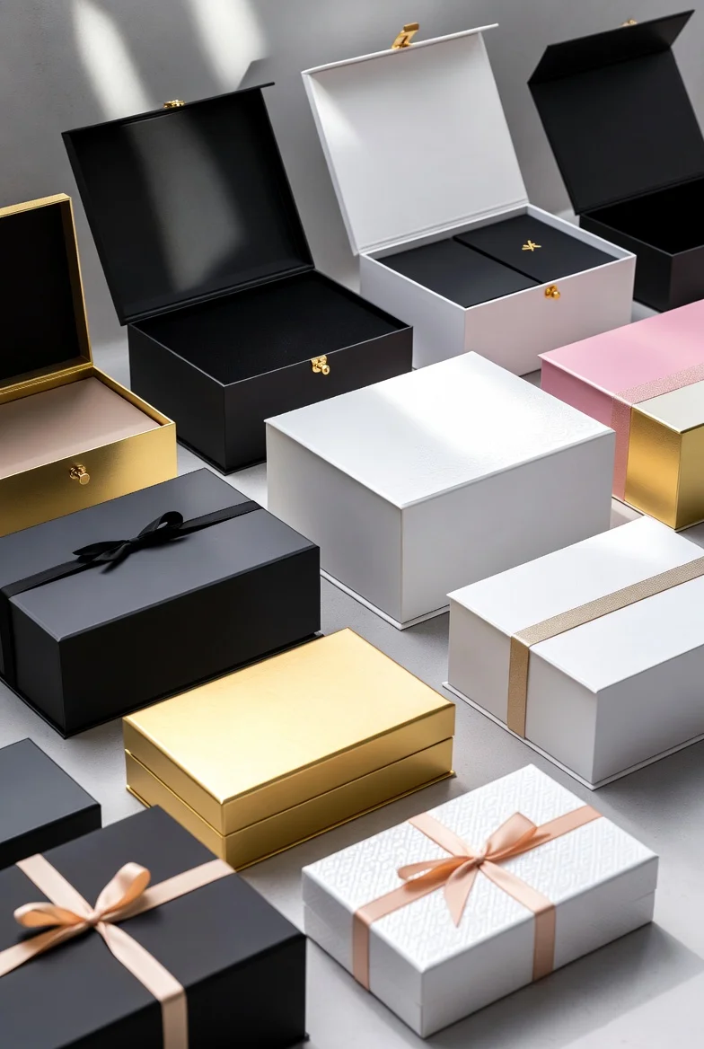 Variety of luxury rigid boxes and magnetic closure gift boxes in multiple colors with ribbons for custom rigid packaging