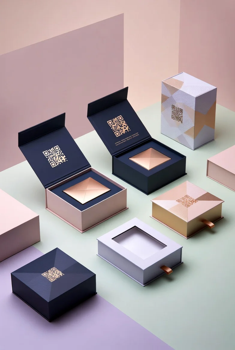 Custom magnetic closure boxes with QR code integration and gold foil accents for luxury product packaging in 2025 trends