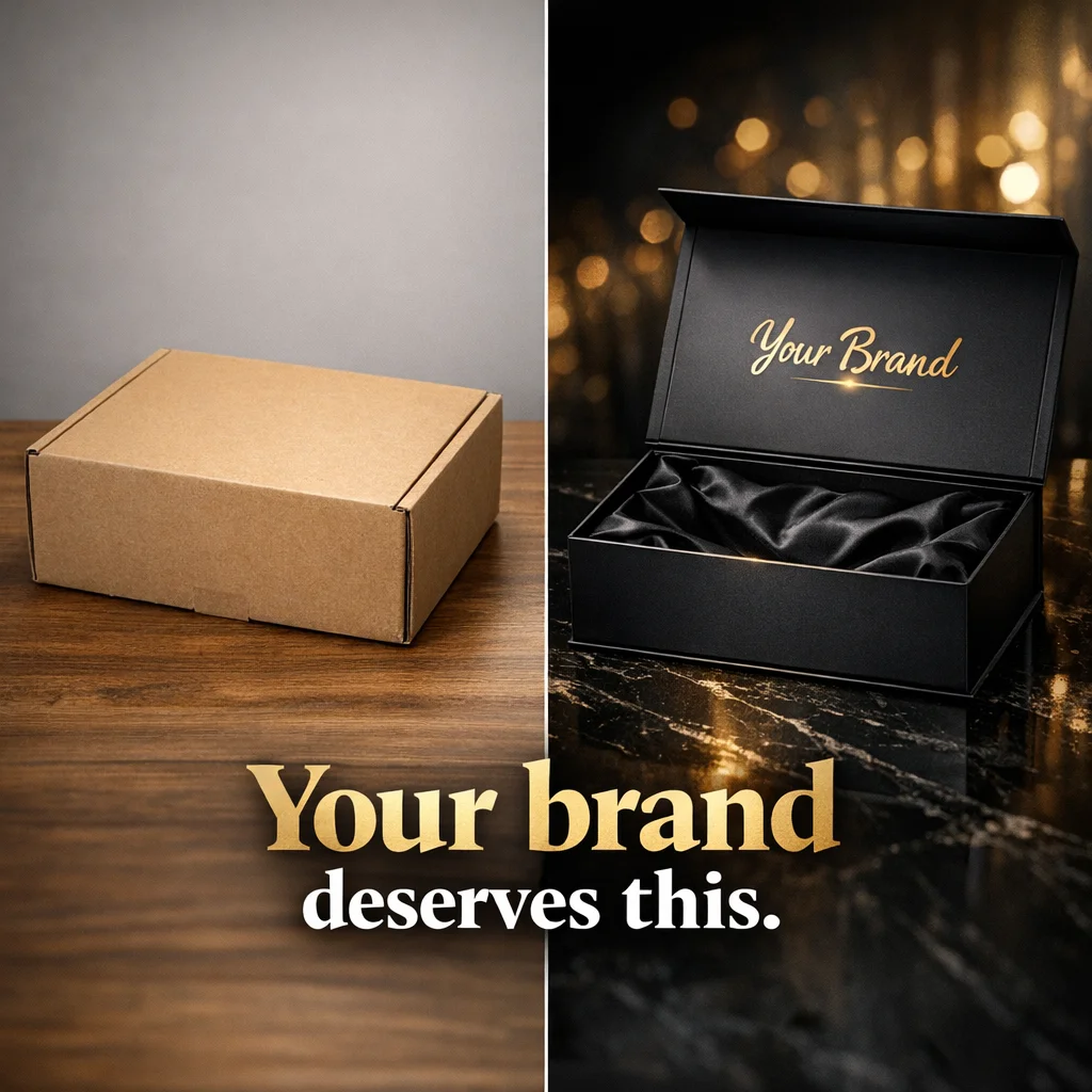 Open affordable custom rigid box with gold foil logo, satin ribbon, and luxury pouch inside