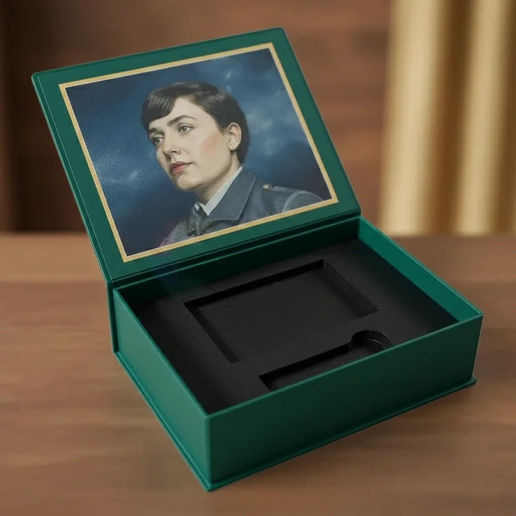 Open green book-style rigid box with a custom printed inner lid and a black foam insert for premium product packaging.