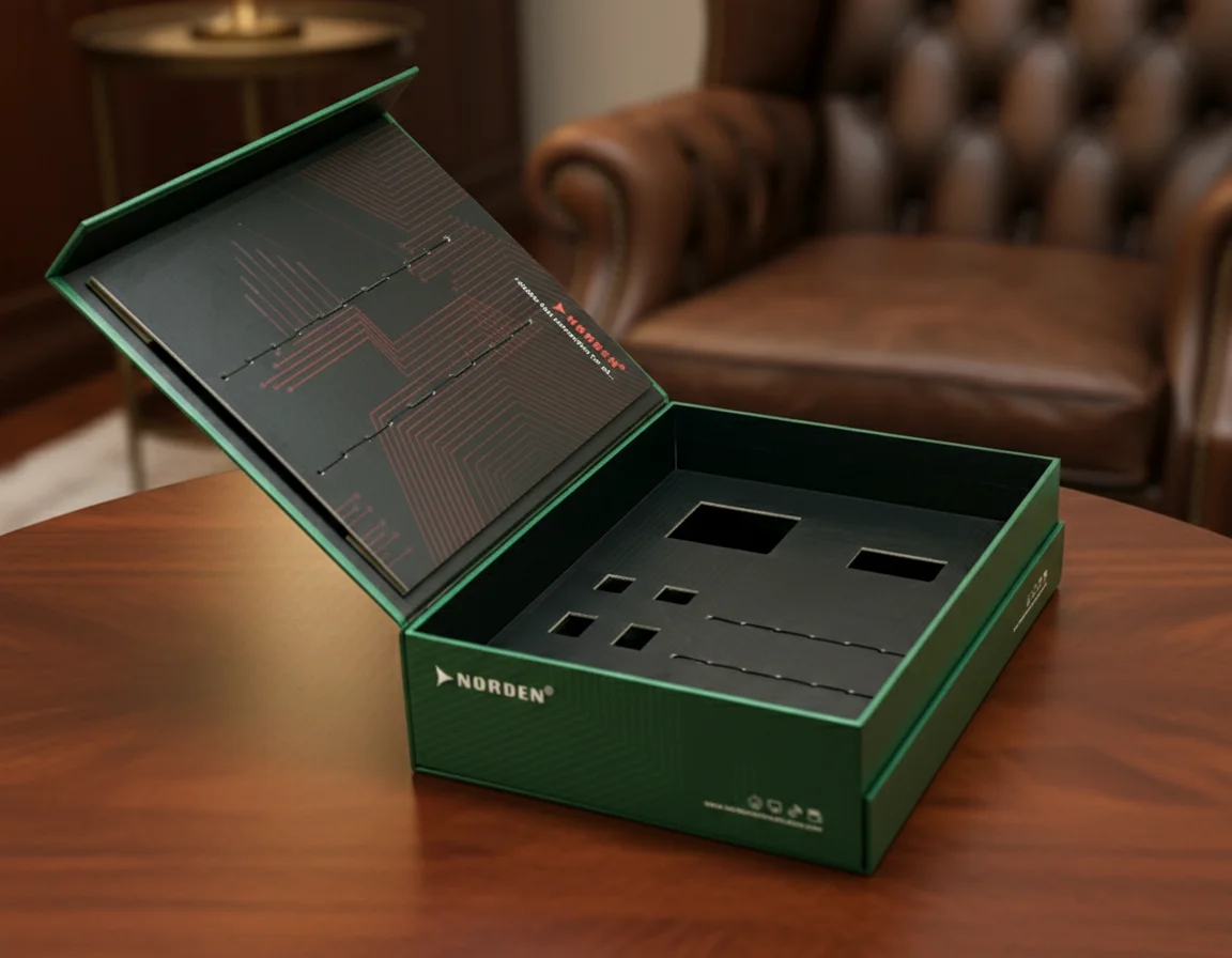 A premium green custom rigid box for electronics featuring a "NORDEN" logo, a custom-printed inner lid with technical circuit patterns, and a precision-cut black foam insert.