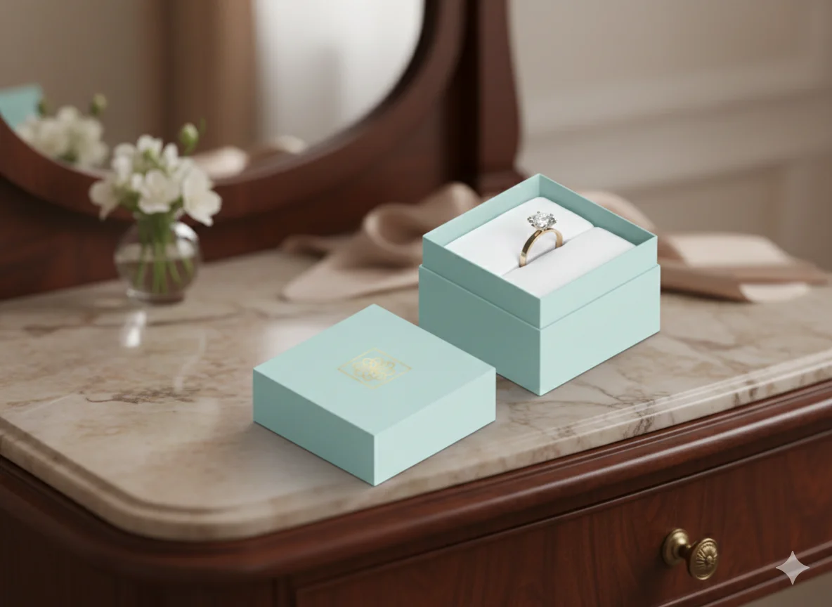 A light blue custom rigid jewelry box with a gold foil logo on the lid, containing a diamond ring on a white silk cushion.