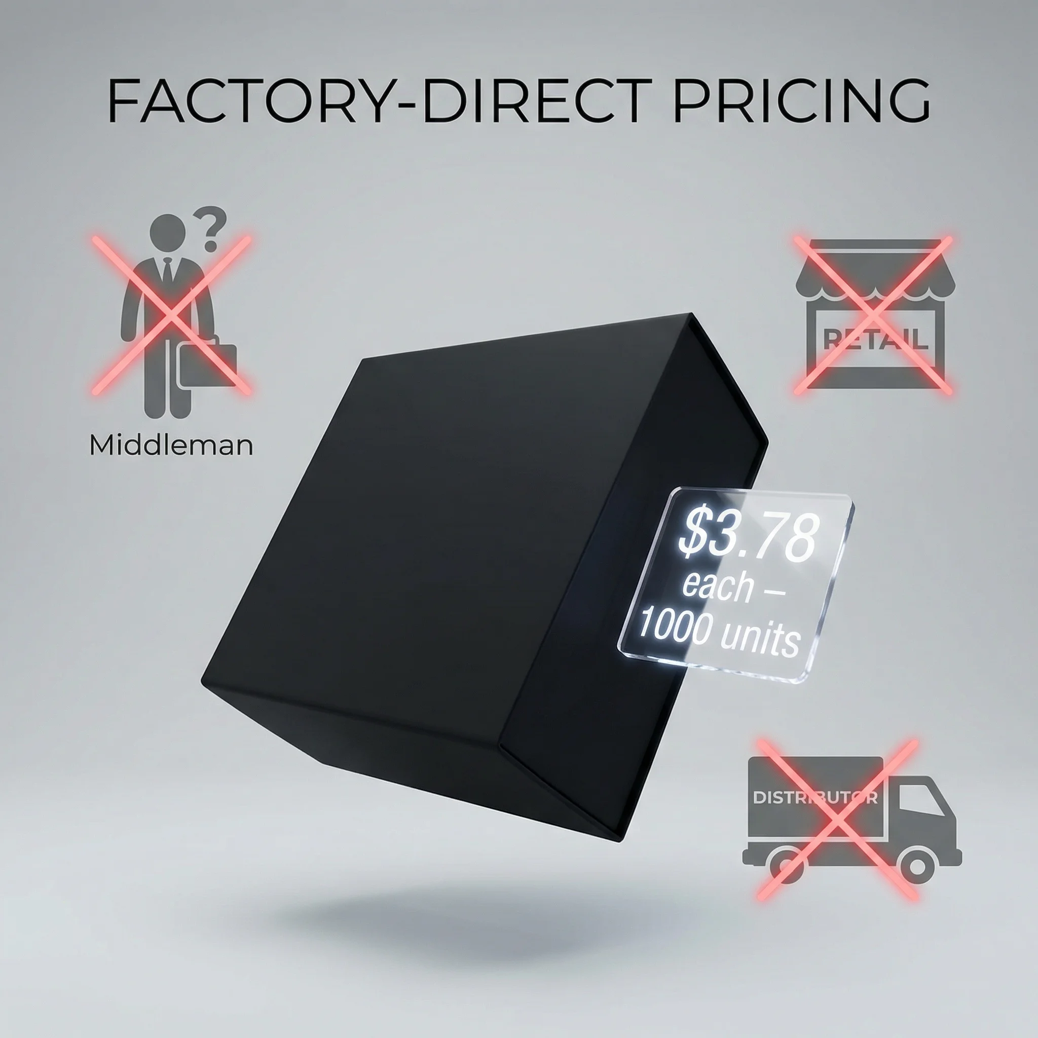 Factory-direct pricing illustration showing $3.78 per unit for 1000 affordable custom rigid boxes eliminating middlemen