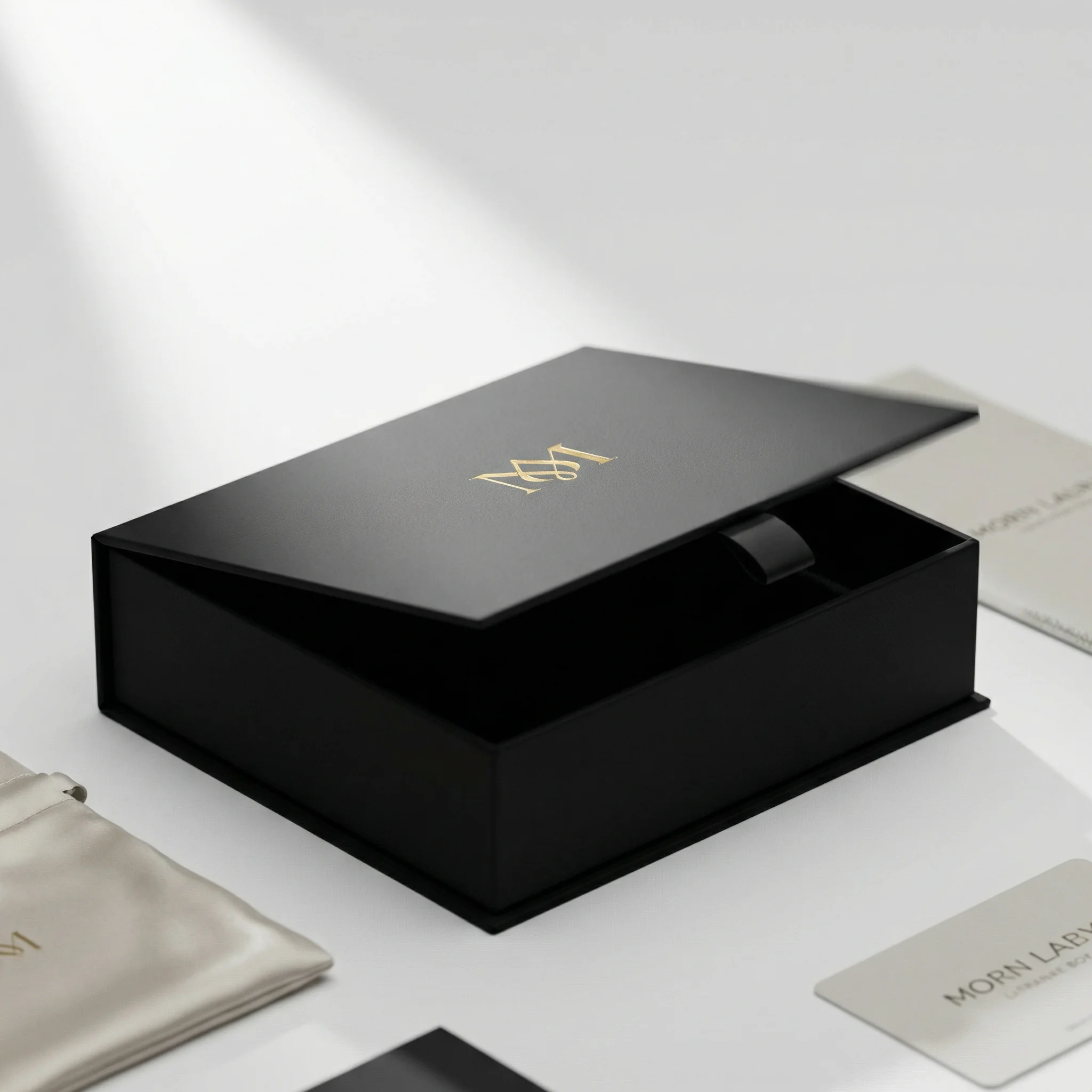 Comparison of plain brown cardboard box and premium black affordable custom rigid boxes with gold branding inside
