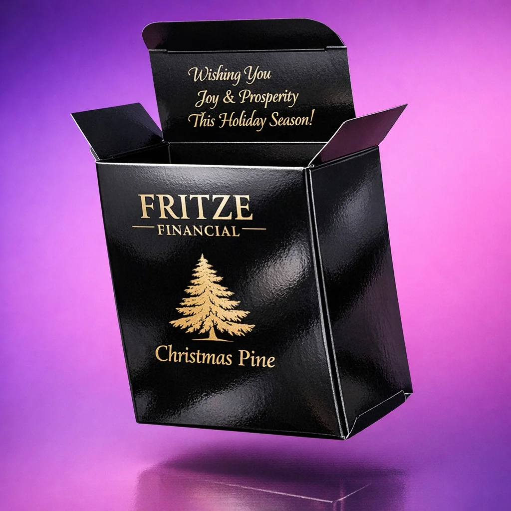 An open black folding carton with gold foil lettering and a Christmas pine logo.
