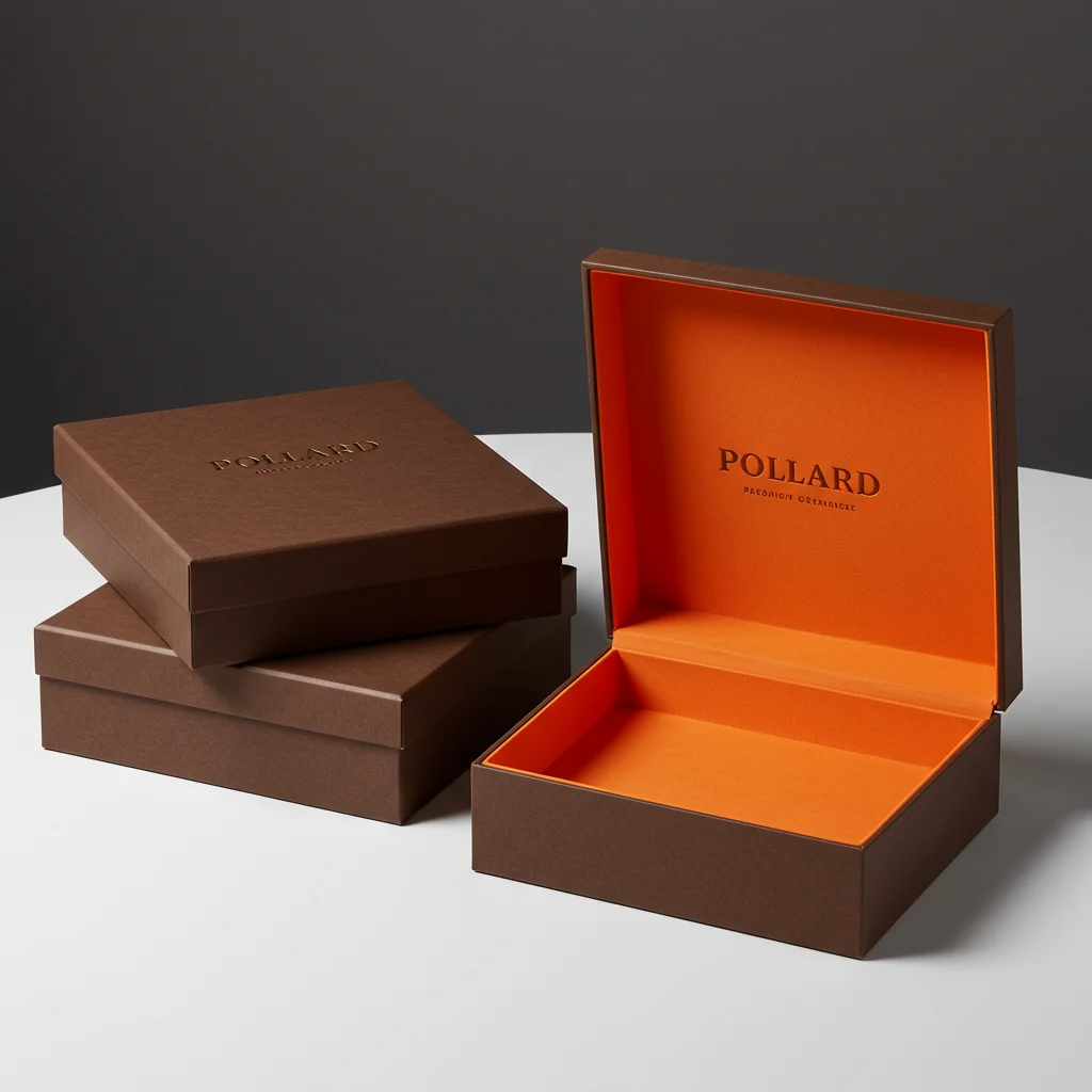 Set of brown leather-textured magnetic closure rigid boxes with a bright orange interior.