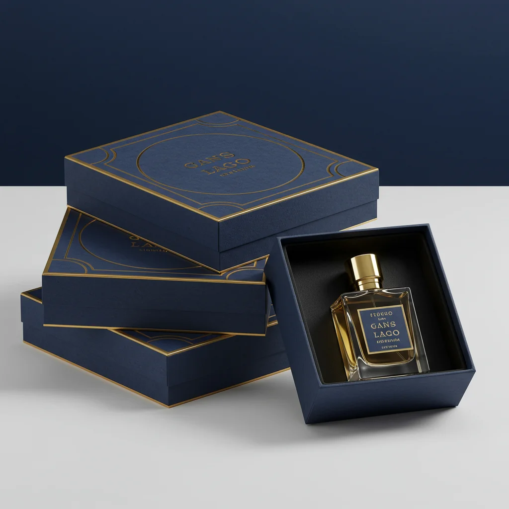 Luxury navy blue magnetic closure rigid boxes with gold foil detailing for perfume bottles.